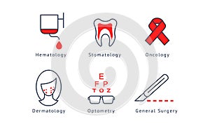 Medical specialization symbols set, hematology, dentistry, oncology, general surgery, optometry, dermatology vector