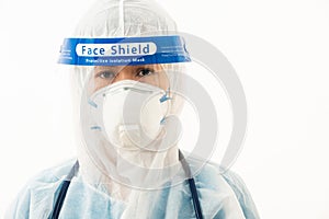 Medical staff doctor in PPE uniform wearing a face mask protective and plastic face shield