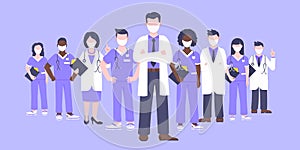 Medical staff doctor team with face masks clinic employee vector illustration.