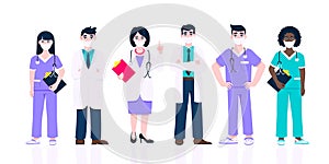 Medical staff doctors team with face masks clinic employee vector illustration.