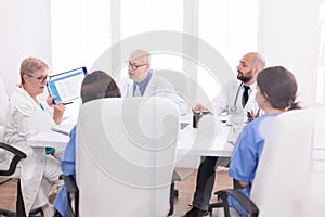 Medical staff gathered in conference room