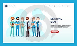 Medical staff landing page. Male and female doctors and nurses characters in protective masks concept, clinic or