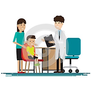 Medical staff with mother and kid in room. Vector illustration