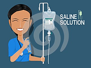 Medical staff show saline solution photo