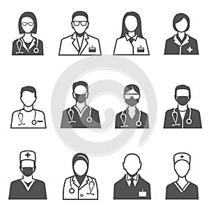 Medical staff in uniform with stethoscope icons set isolated on white. Doctor, physician.