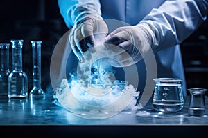 Medical staff works with frozen test tube in cryo IVF lab. Cryopreservation in Liquid Nitrogen cryostorage in modern laboratory.