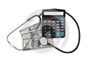 Medical stethoscope, calculator and money (dollars) on a transparent background (clipping path included)