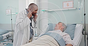 Medical stethoscope and doctor with patient in hospital after surgery, treatment or procedure. Discussion, checkup and