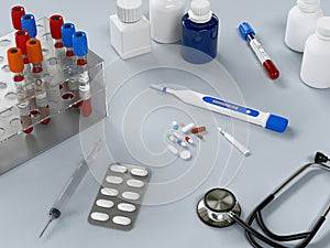 Medical stethoscope, electronic thermometer and pills on white background. Top view of doctor workplace. Diagnostic