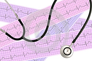 Medical stethoscope and Heart analysis, electrocardiogram graph