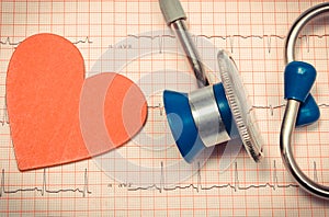 Medical stethoscope and heart shape lying on electrocardiogram graph report. Healthy lifestyles