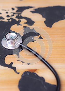 Medical stethoscope over america healthcheck. Medical concept tourism travel care diseases healthy.Vertical photo