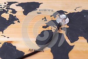 Medical stethoscope over europe healthcheck. Medical concept tourism travel care diseases healthy