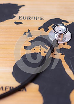 Medical stethoscope over europe healthcheck. Medical concept tourism travel care diseases healthy