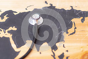 Medical stethoscope over russia healthcheck. Medical concept tourism travel care diseases healthy