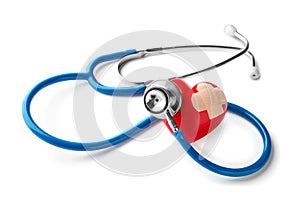 Medical stethoscope and red heart with plaster on white background. Cardiology concept