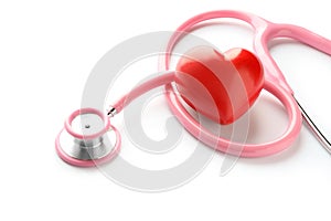 Medical stethoscope and red heart on white background. Cardiology concept