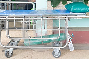 Medical stretcher preparedness with oxygen cylinder for emergency covid 19 cases at the corridor before hospital, Interior health