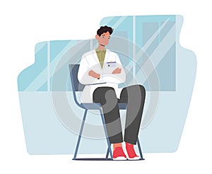 Medical Student Intern Male Character In Doctor Uniform with Badge Sitting on Chair with Crossed Hands Listening Seminar