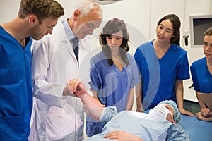 Medical students and professor checking pulse of student