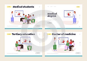 Medical students studying concept of landing pages set with doctor professor giving lecture to class