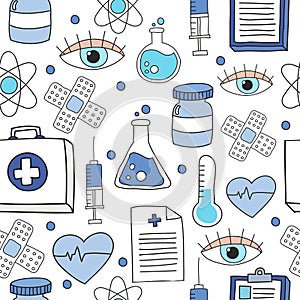 Medical stuff seamless doodle pattern