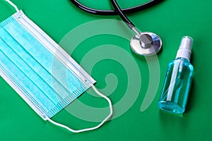 Medical supplies on a colored background as an attribute of the fight against coronavirus