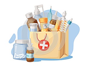 Medical supplies. Pharmacy purchases in paper bag, goods for treatment and health care objects from drugstore cartoon