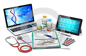 Medical supplies, prescription forms and computer diagnostics