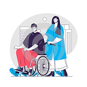 Medical support web concept. Nurse pushing wheelchair