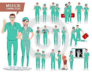 Medical surgeon vector character set. Doctor, nurse and hospital workers