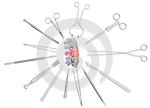 Medical surgical instruments around the part of the diseased spine. 3D illustration.