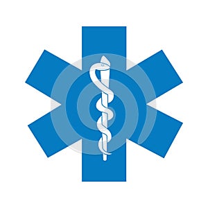 Medical symbol blue Star of Life with Rod of Asclepius icon isolated on white background. EMS, first aid. photo