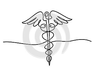 Medical symbol caduceus. Continuous One line drawing