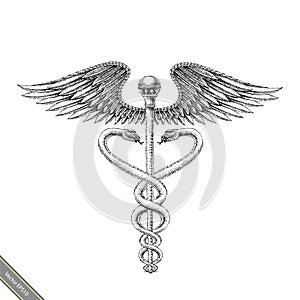 Medical symbol hand drawing vintage style.Aesculapius hand drawing engraving style black and white logo