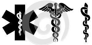 Medical symbol icons set. Star of Life with cross, caduceus, Rods of Asclepius. Isolated on white background. Logo sign concept.