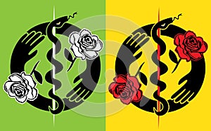 Medical symbol snake with holding hands symbol and roses illustration