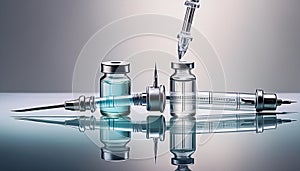 A medical syringe aligned with a transparent vial on a white background, symbolizing vaccina