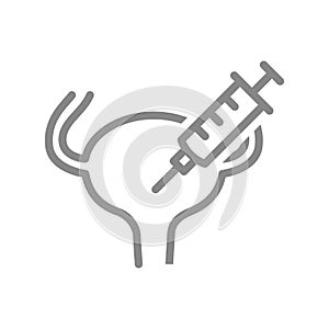 Medical syringe and bladder line icon. Bladder catheter, urinary tract infection, treatment, cystitis