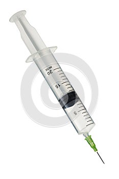 Medical syringe 20cc inclined on white with clipping path