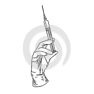 medical syringe in hand art illustration black lines white background