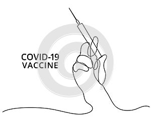 Medical syringe in a hand continuous line drawing on white isolated background