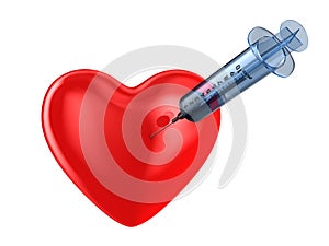 Medical syringe and heart on white background. Isolated 3D illustration