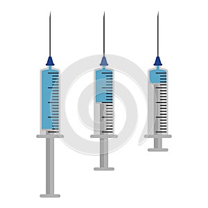 Medical syringe icon set isolated on white background. Syringes are filled with a solution of vaccine. Vector