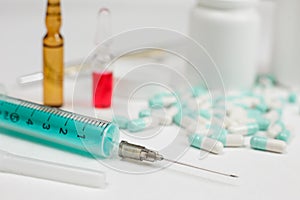 Medical syringe with medicine pill and vials