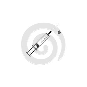 Medical syringe with needle and drop icon isolated. Syringe sign for vaccine, vaccination, injection, flu shot. Flat
