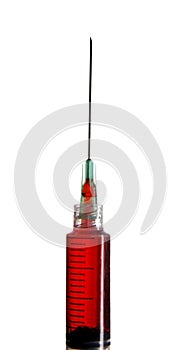 Medical syringe with red liquid isolated on white