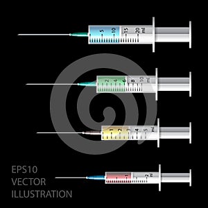 Medical syringe. Set of disposable plastic syringes of different sizes for subcutaneous and intramuscular injections