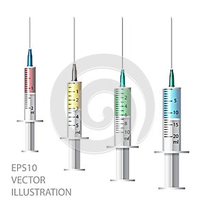 Medical syringe. Set of disposable plastic syringes of different sizes for subcutaneous and intramuscular injections