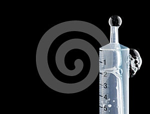 Medical syringe showing liquid bubbling and dripping has its expelled under pressure from syringe